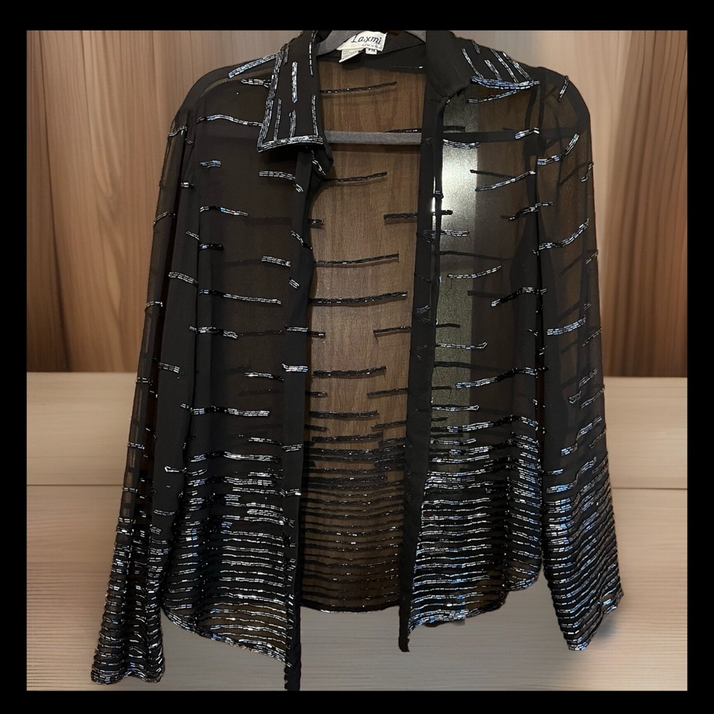 J Laxmi New York Luxe Cocktail Cardigan Women Sz Pm Black Beaded Chiffon Party